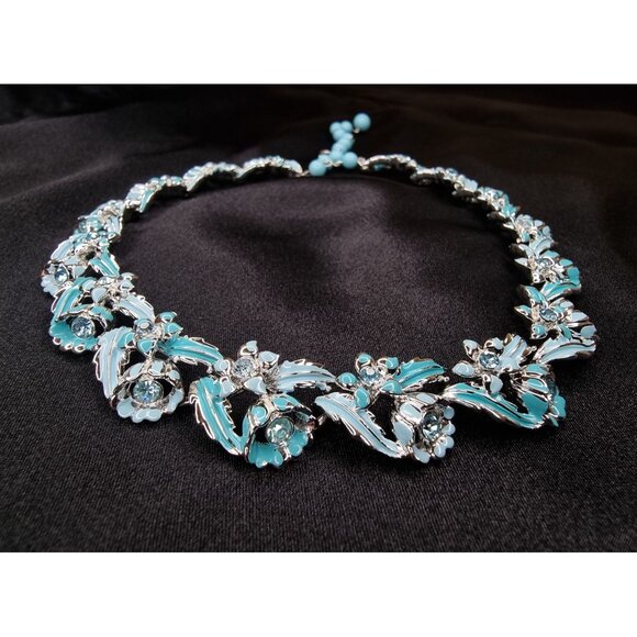 Vintage CORO Signed Aqua Blue & Silver Tone Floral Necklace With Rhinestones